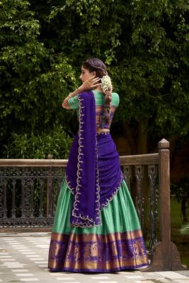 Traditional Bottlegreen Poly Cotton Half Saree With Zari Weaving Work Lehenga Choli 2