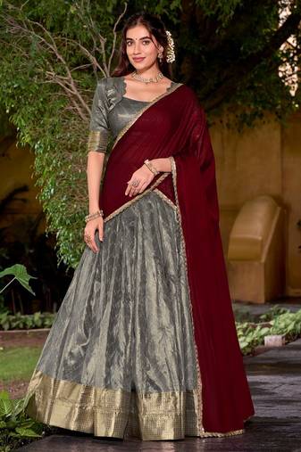 Traditional Grey Dupion Silk With Zari Weaving Work Lehenga Choli