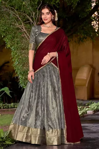 Traditional Grey Dupion Silk With Zari Weaving Work Lehenga Choli