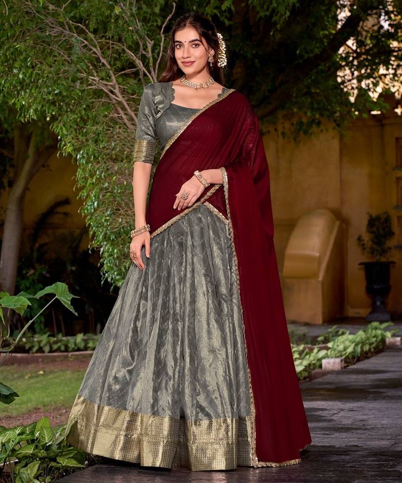 Traditional Grey Dupion Silk With Zari Weaving Work Lehenga Choli