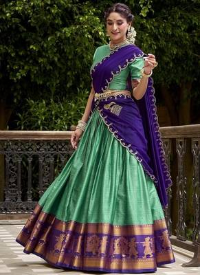 Traditional Bottlegreen Poly Cotton Half Saree With Zari Weaving Work Lehenga Choli 3