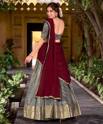 Traditional Grey Dupion Silk With Zari Weaving Work Lehenga Choli 2