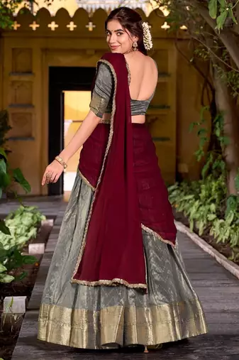 Traditional Grey Dupion Silk With Zari Weaving Work Lehenga Choli