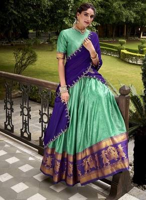 Traditional Bottlegreen Poly Cotton Half Saree With Zari Weaving Work Lehenga Choli 4