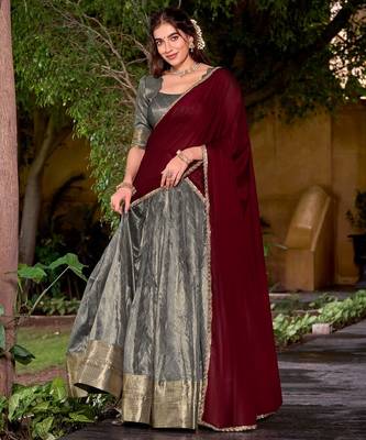 Traditional Grey Dupion Silk With Zari Weaving Work Lehenga Choli 3