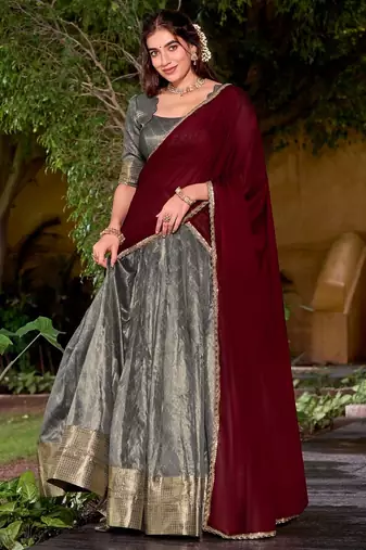 Traditional Grey Dupion Silk With Zari Weaving Work Lehenga Choli