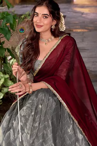 Traditional Grey Dupion Silk With Zari Weaving Work Lehenga Choli