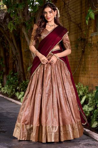 Traditional Peach Dupion Silk With Zari Weaving Work Lehenga Choli