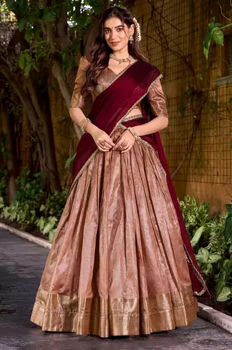 Traditional Peach Dupion Silk With Zari Weaving Work Lehenga Choli
