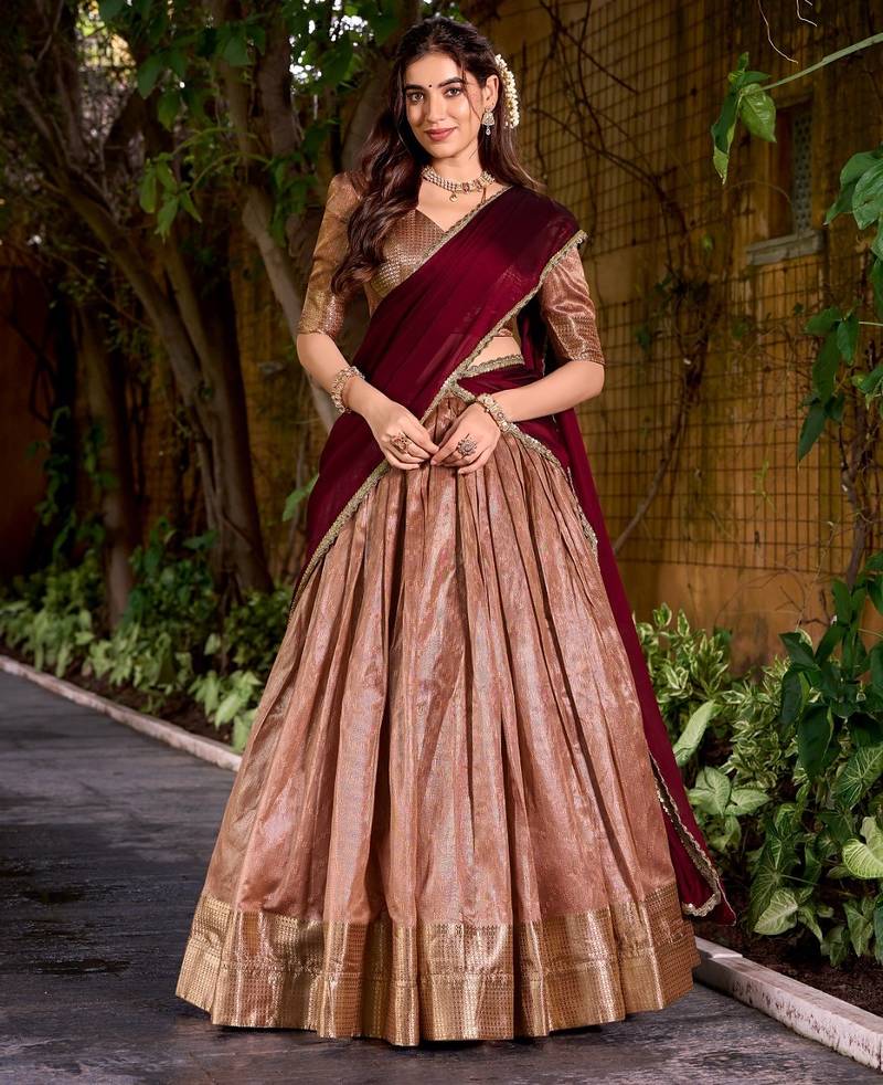 Traditional Peach Dupion Silk With Zari Weaving Work Lehenga Choli