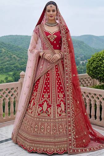 Aesthetic Red Dori Work Silk Bridal Lehenga Choli With Double Dupatta