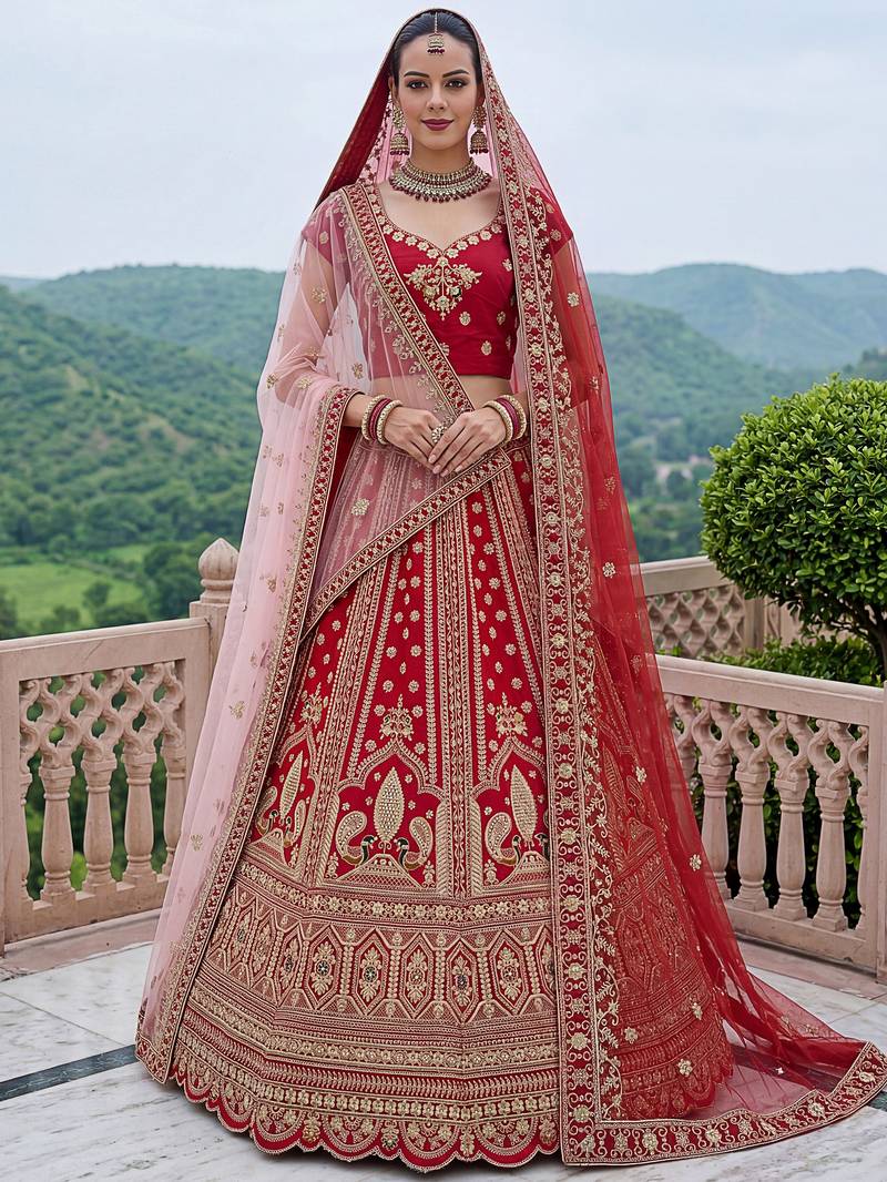 Aesthetic Red Dori Work Silk Bridal Lehenga Choli With Double Dupatta