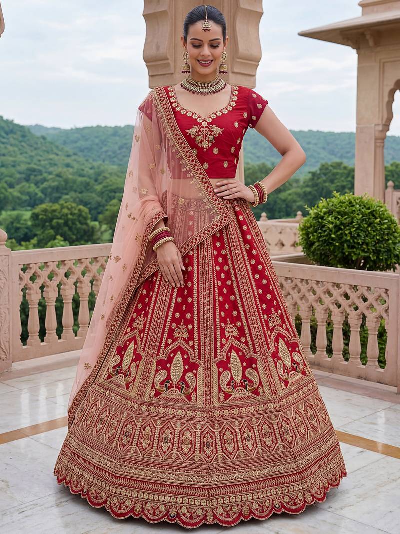 Aesthetic Red Dori Work Silk Bridal Lehenga Choli With Double Dupatta