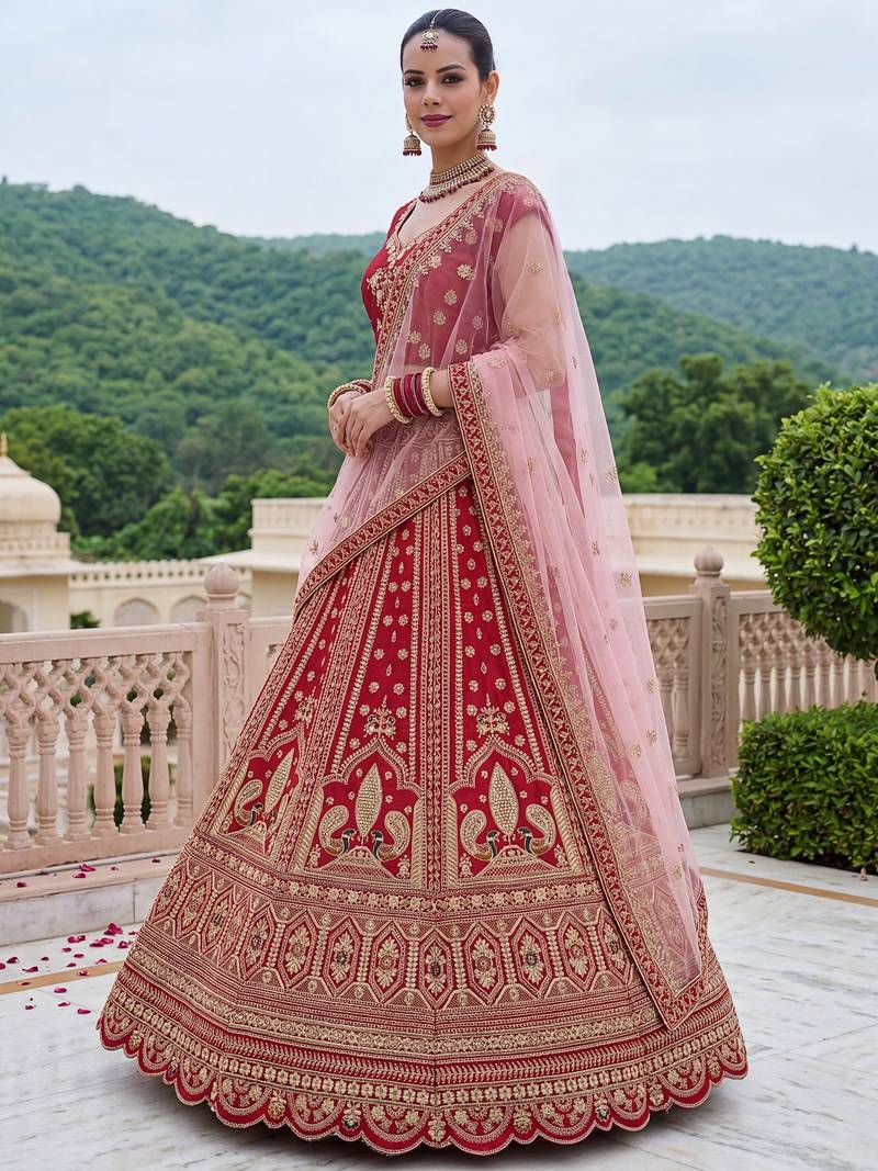 Aesthetic Red Dori Work Silk Bridal Lehenga Choli With Double Dupatta