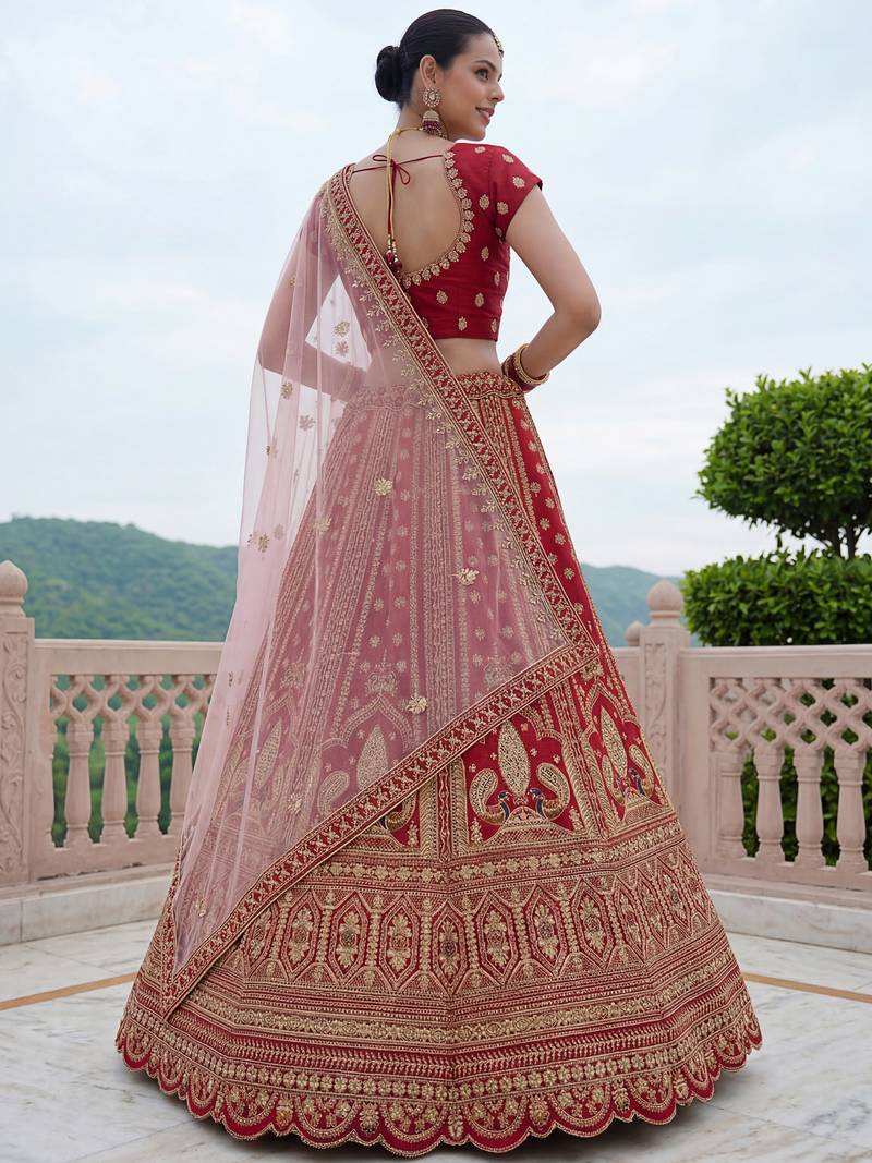Aesthetic Red Dori Work Silk Bridal Lehenga Choli With Double Dupatta