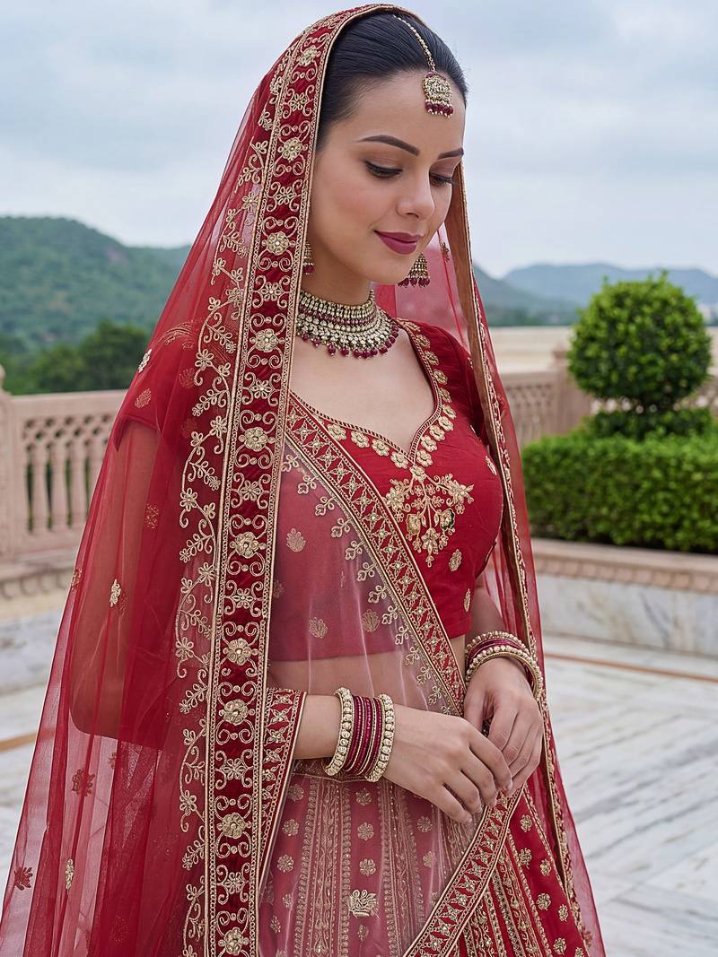 Aesthetic Red Dori Work Silk Bridal Lehenga Choli With Double Dupatta