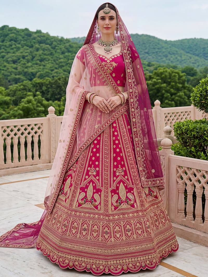 Classic Pink Multi Thread Work Silk Bridal Lehenga Choli With Double Dupatta