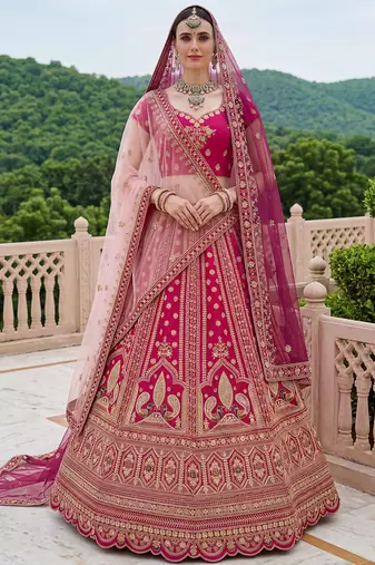 Classic Pink Multi Thread Work Silk Bridal Lehenga Choli With Double Dupatta