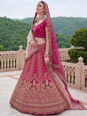 Classic Pink Multi Thread Work Silk Bridal Lehenga Choli With Double Dupatta 2
