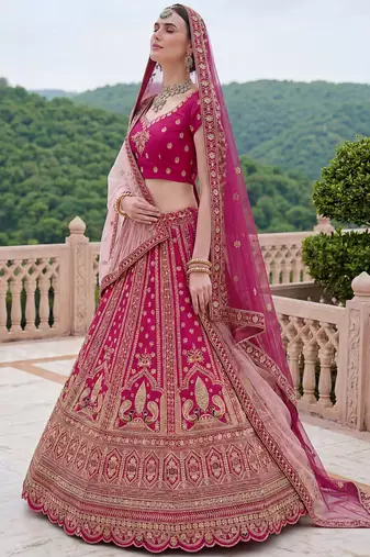 Classic Pink Multi Thread Work Silk Bridal Lehenga Choli With Double Dupatta