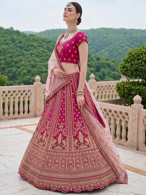 Classic Pink Multi Thread Work Silk Bridal Lehenga Choli With Double Dupatta 3