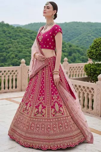 Classic Pink Multi Thread Work Silk Bridal Lehenga Choli With Double Dupatta
