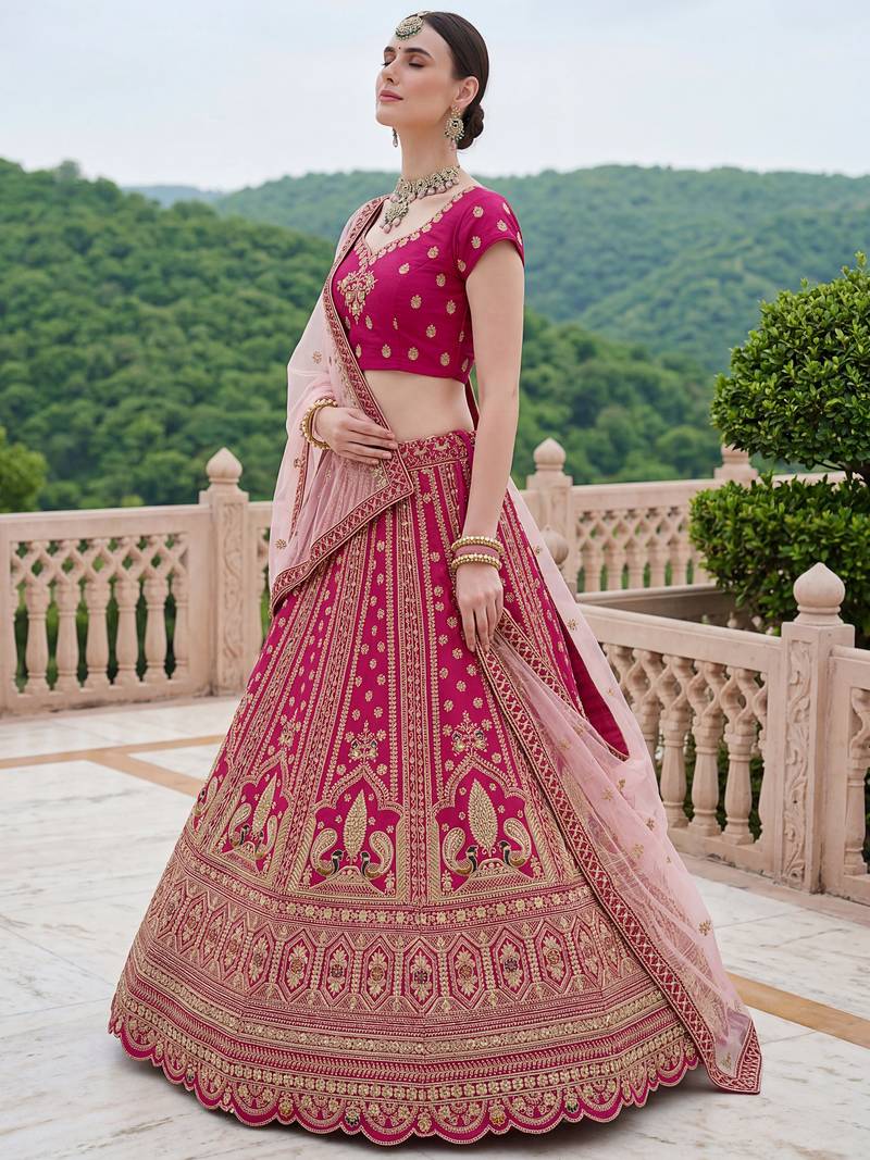 Classic Pink Multi Thread Work Silk Bridal Lehenga Choli With Double Dupatta