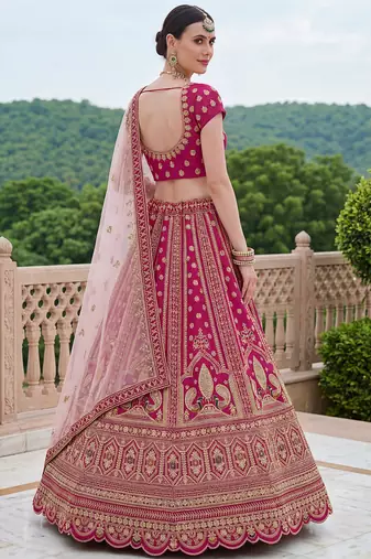 Classic Pink Multi Thread Work Silk Bridal Lehenga Choli With Double Dupatta