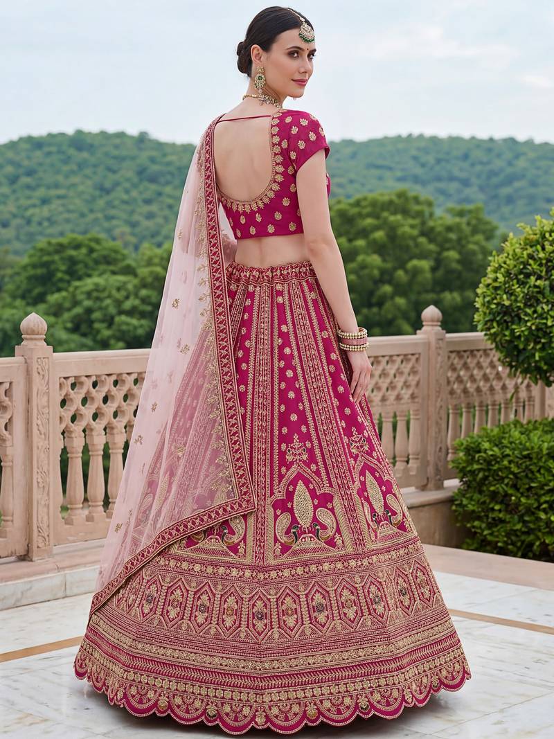Classic Pink Multi Thread Work Silk Bridal Lehenga Choli With Double Dupatta