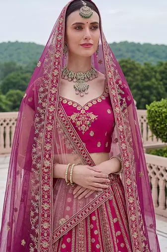 Classic Pink Multi Thread Work Silk Bridal Lehenga Choli With Double Dupatta