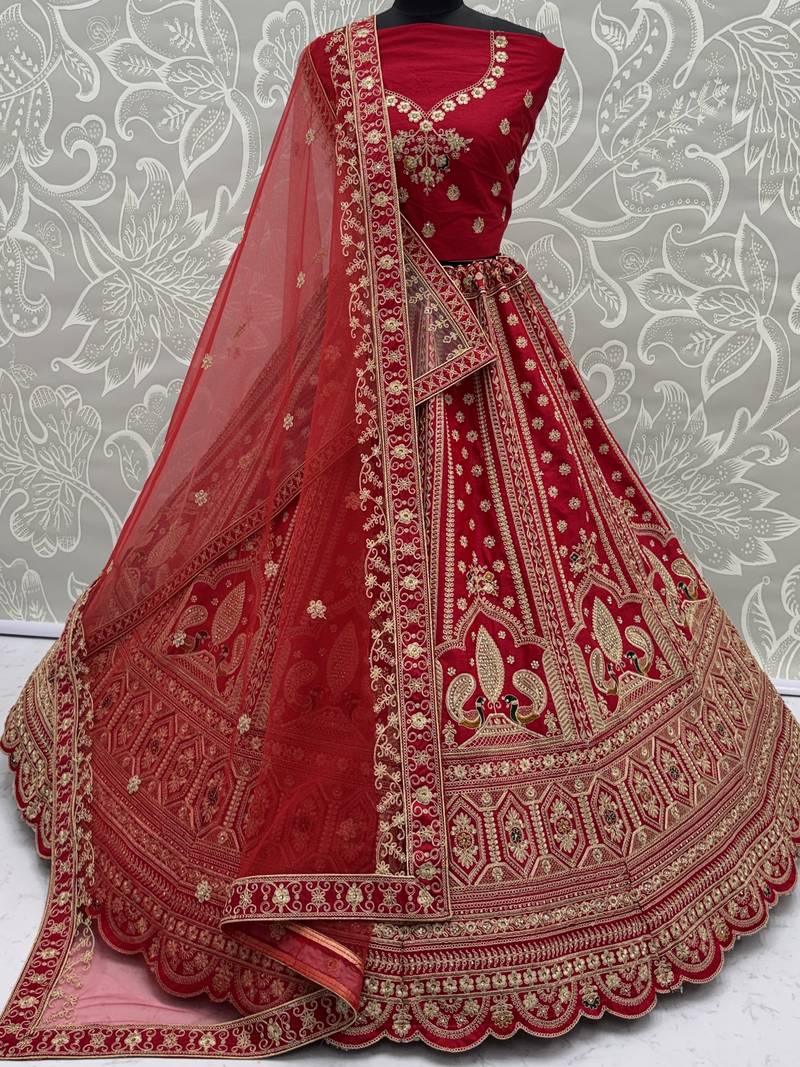 Aesthetic Red Dori Work Silk Bridal Lehenga Choli With Double Dupatta
