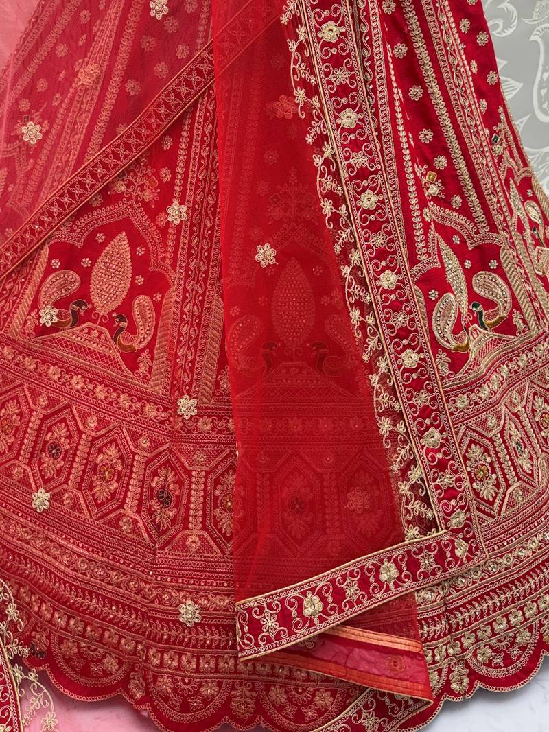 Aesthetic Red Dori Work Silk Bridal Lehenga Choli With Double Dupatta