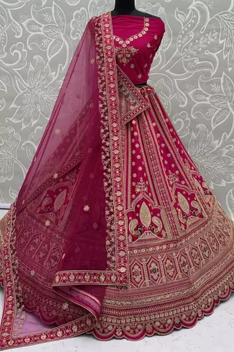 Classic Pink Multi Thread Work Silk Bridal Lehenga Choli With Double Dupatta