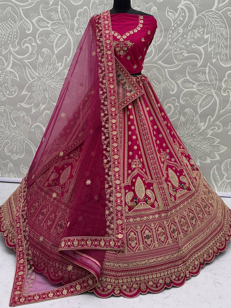 Classic Pink Multi Thread Work Silk Bridal Lehenga Choli With Double Dupatta