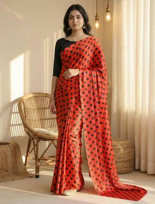 Red & black all over colorful printed japan satin saree with unstitched blouse 1