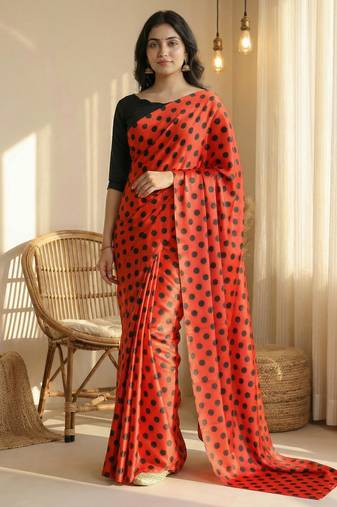 Red & black all over colorful printed japan satin saree with unstitched blouse