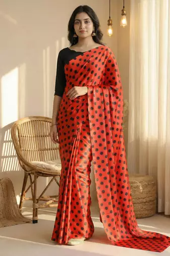 Red & black all over colorful printed japan satin saree with unstitched blouse