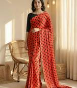 Red & black all over colorful printed japan satin saree with unstitched blouse