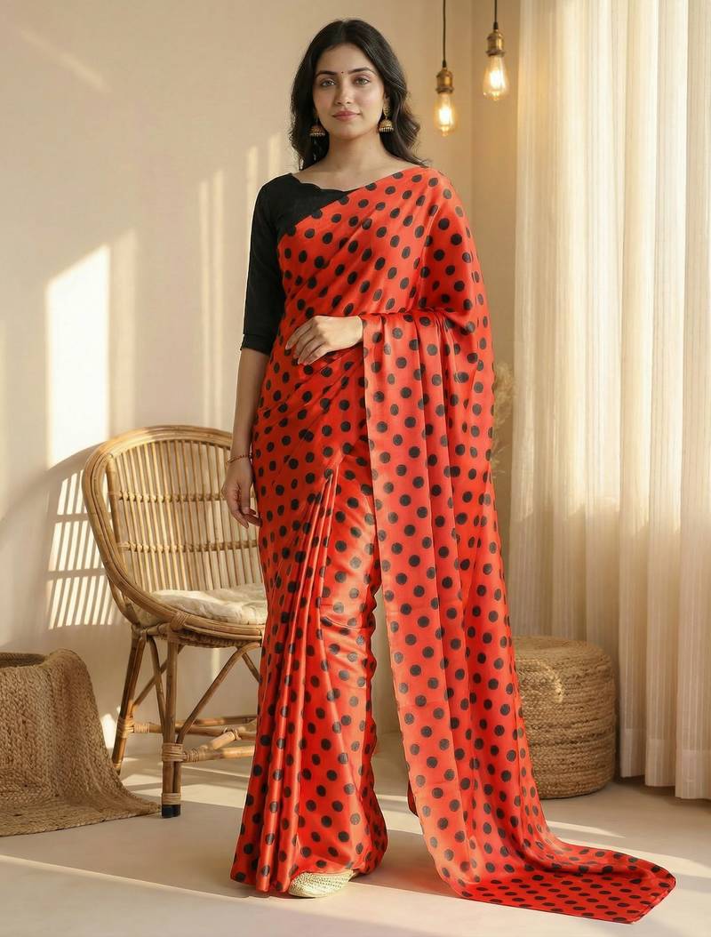Red & black all over colorful printed japan satin saree with unstitched blouse