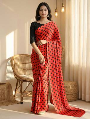 Red & black all over colorful printed japan satin saree with unstitched blouse 2