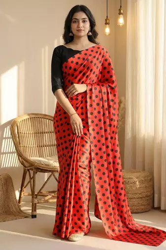Red & black all over colorful printed japan satin saree with unstitched blouse