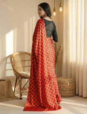 Red & black all over colorful printed japan satin saree with unstitched blouse 3