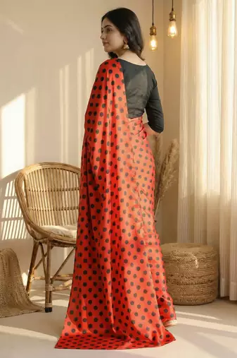 Red & black all over colorful printed japan satin saree with unstitched blouse