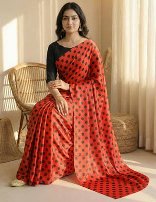 Red & black all over colorful printed japan satin saree with unstitched blouse 4