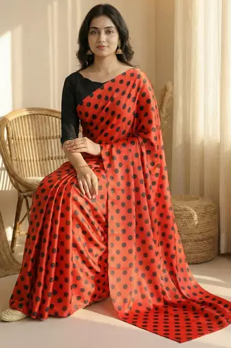 Red & black all over colorful printed japan satin saree with unstitched blouse