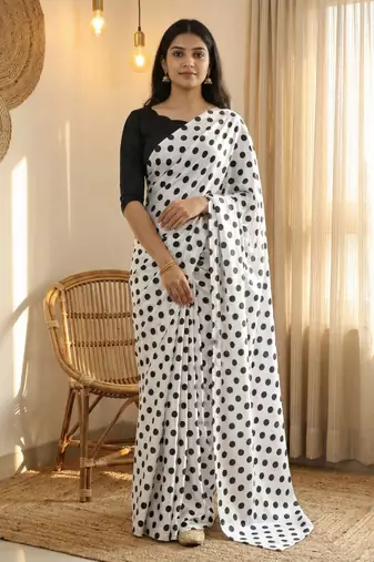 White & black color polka dots printed japan satin saree with unstitched blouse