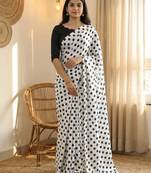 White & black color polka dots printed japan satin saree with unstitched blouse