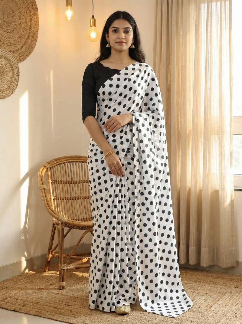 White & black color polka dots printed japan satin saree with unstitched blouse