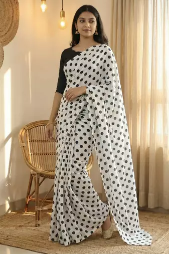 White & black color polka dots printed japan satin saree with unstitched blouse