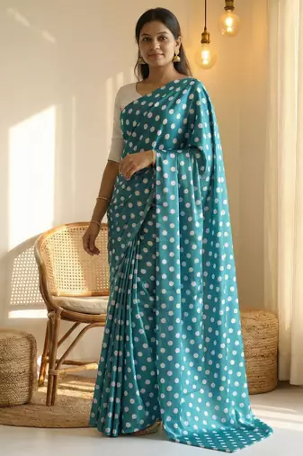 Rama & white color polka dots printed japan satin saree with unstitched blouse